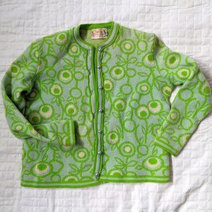 Vintage ~1960s Wool Cardigan w/ Mod Floral Pattern- Lt Blue/Green, Small